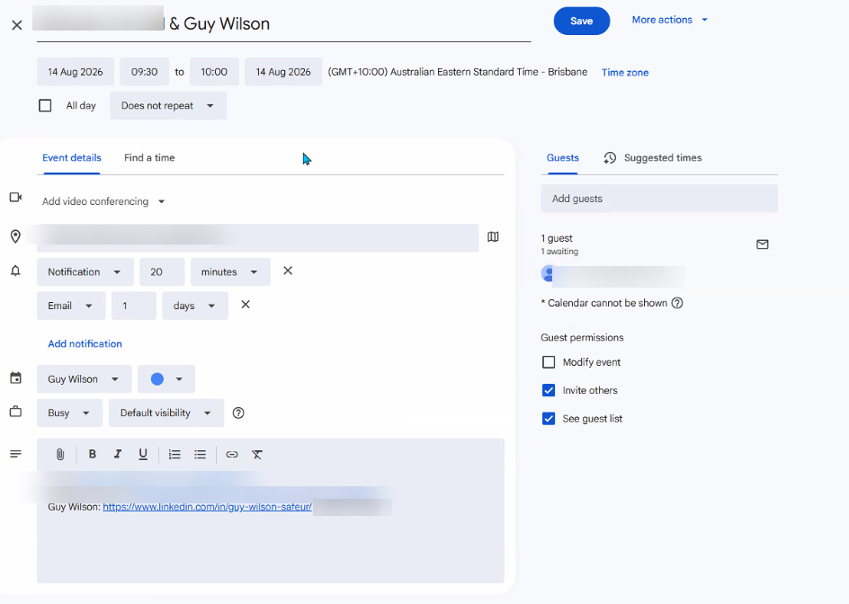 The calendar invite it built, with the Zoom link, the other person's details blurred for privacy