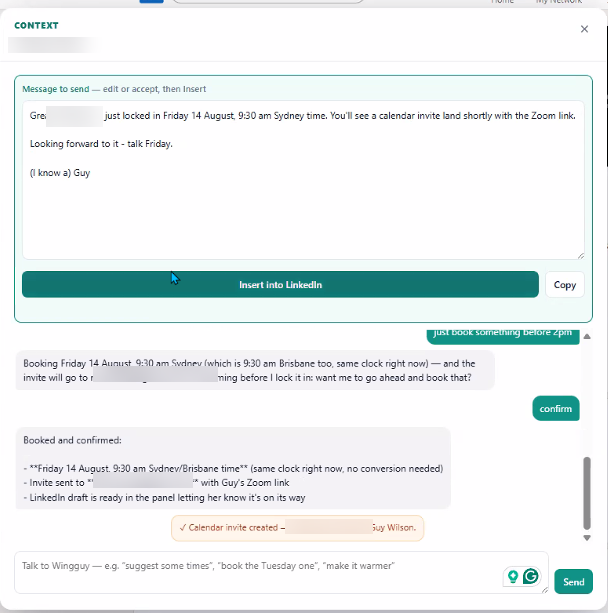 Wingguy confirming a booked time and drafting the follow-up note, the other person's details blurred for privacy